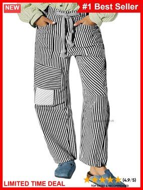 High Waist Drawstring Wide Leg Boyfriend Jeans Polyester Barrel Striped